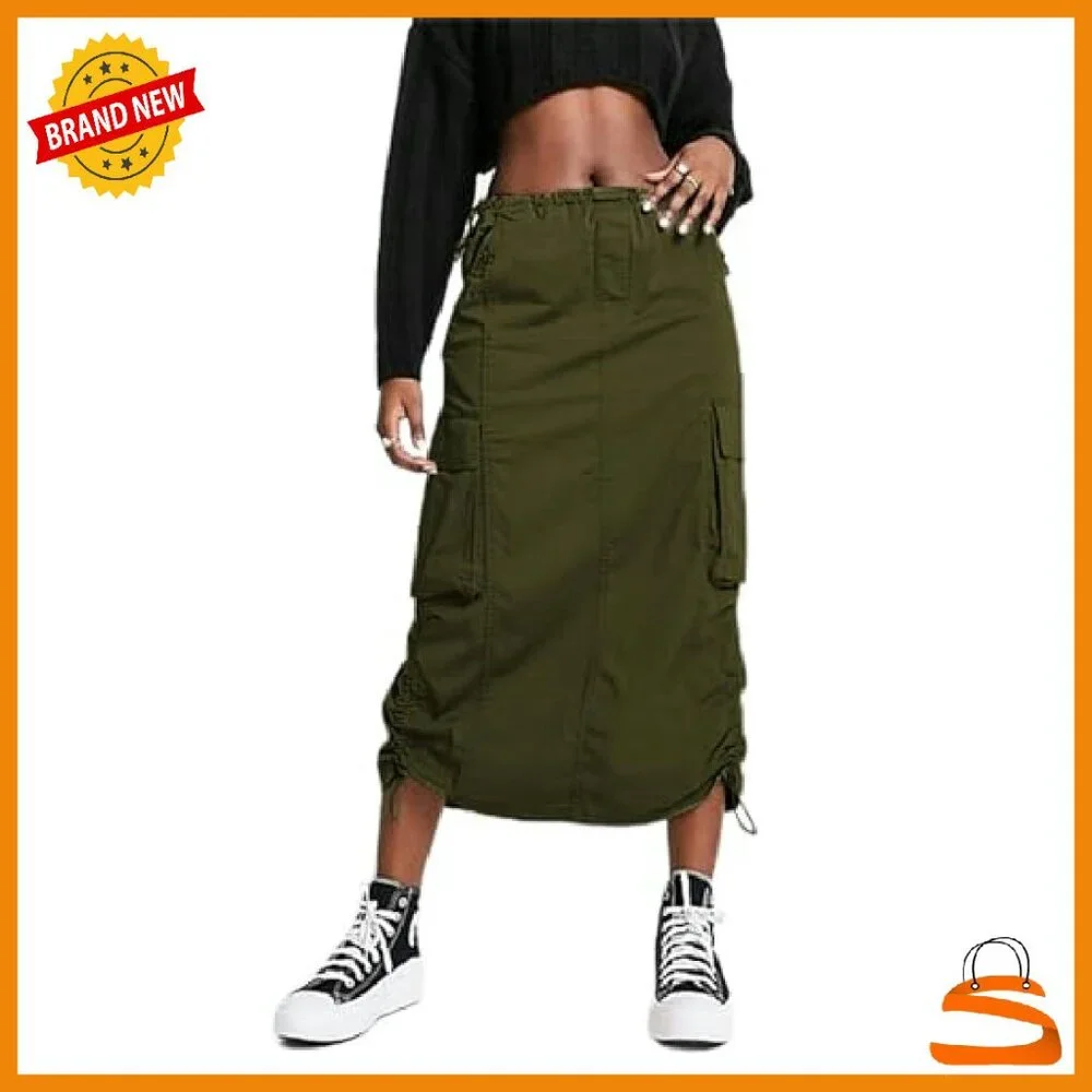 Y2K Cargo Maxi Skirt with Drawstring Waist and Side Pockets - Picture 2 of 7